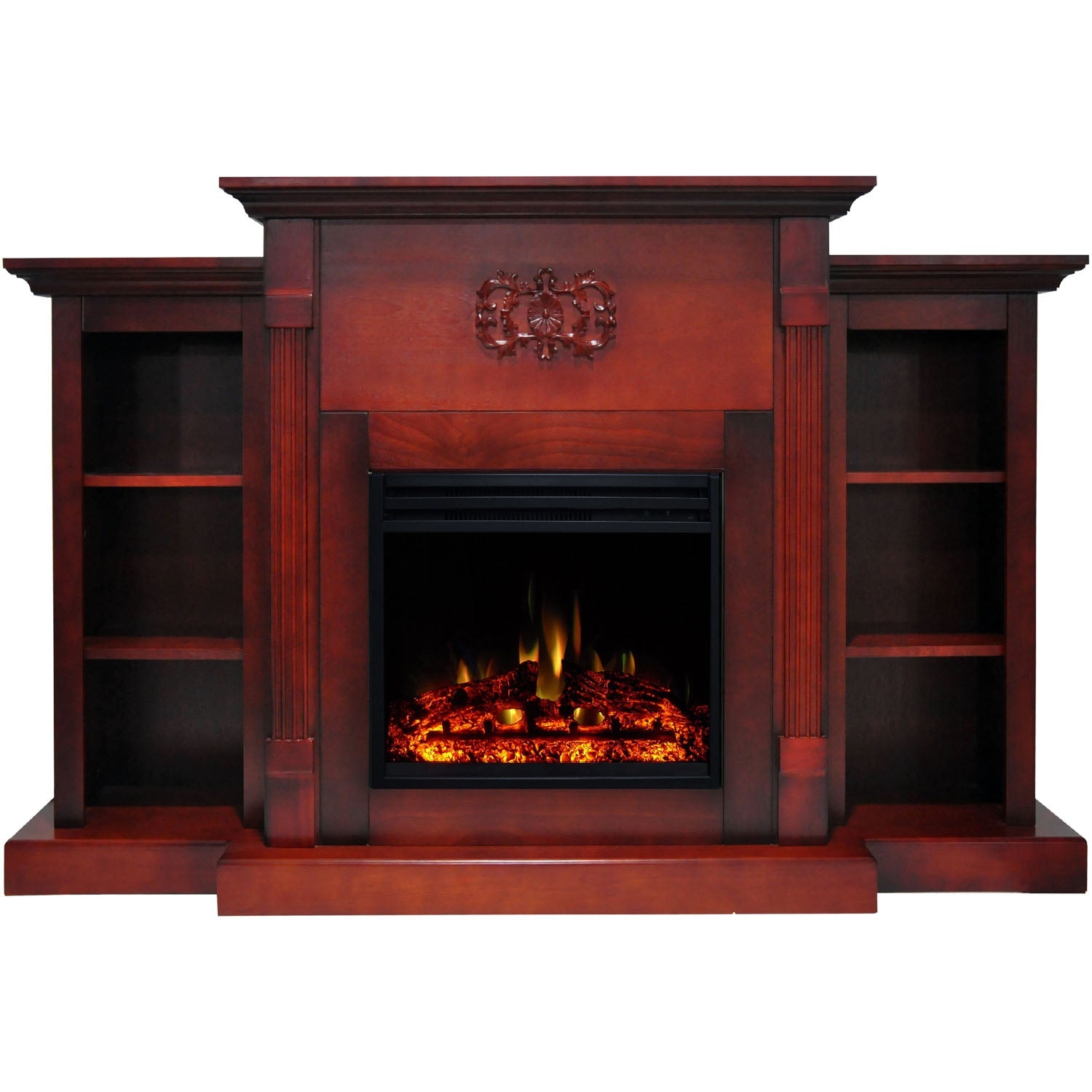 Cambridge Sanoma 72'' Electric Fireplace with Enhanced Charred Log Insert | Multi-Color Flame | For Rooms up to 210 Sq.Ft | Remote | Cherry Mantel | Dual Heat Settings | Timer