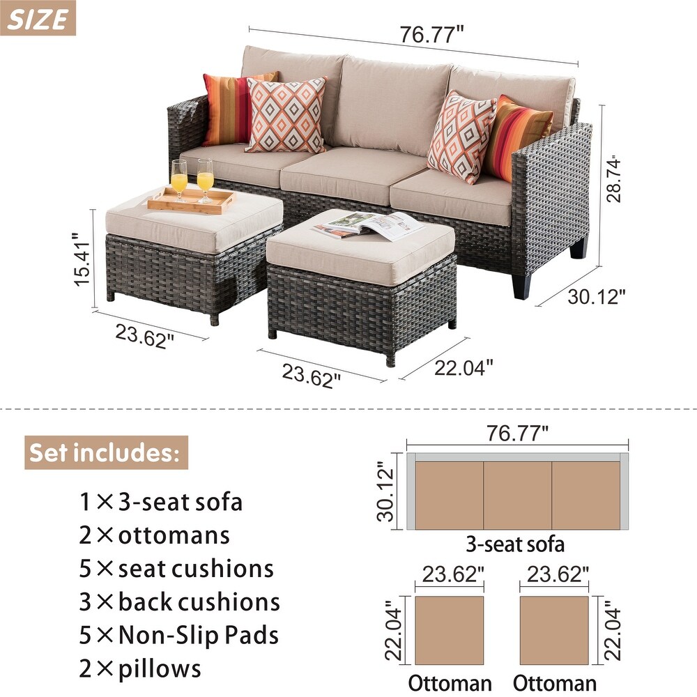 OVIOS 3 piece Outdoor High back Wicker Sectional Ottoman Set