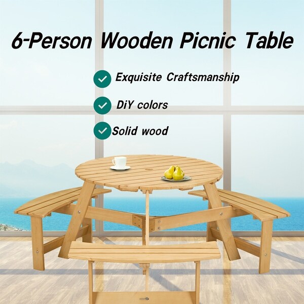 6 Person Outdoor Picnic Table with Bench，Round Pinic Table w/ 3 Bulitin Benches and Umbrella Hole，Outside Table and Bench Set