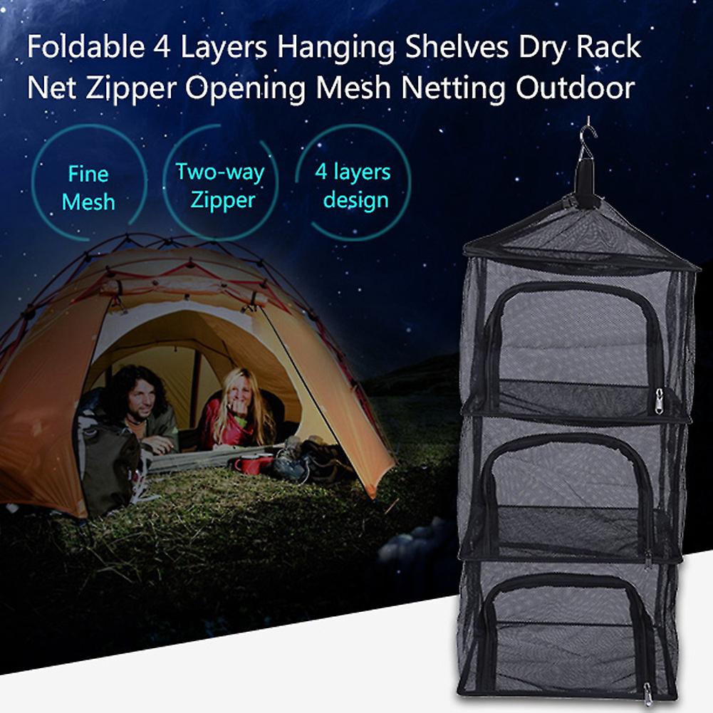 Foldable 4 Layers Hanging Shelves Dry Rack Net Zipper Opening Mesh Netting Outdoor