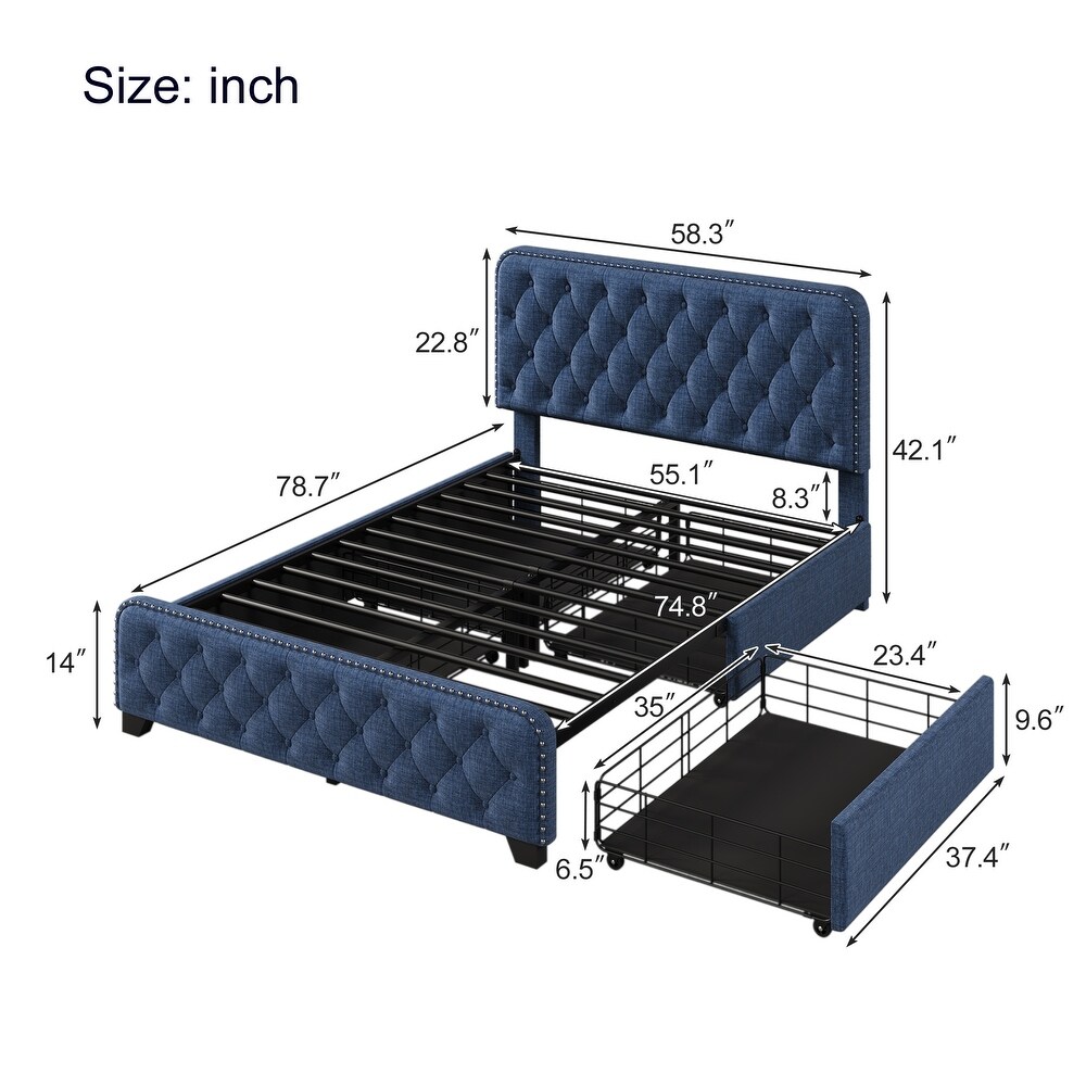 Metal Platform Bed Storage Bed with Button Tufted Headboard Footboard