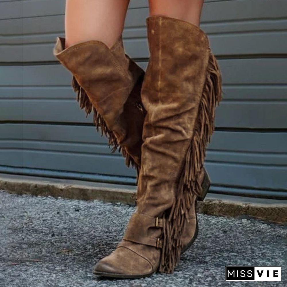 Low Heel Suede Winter Tassel Boots