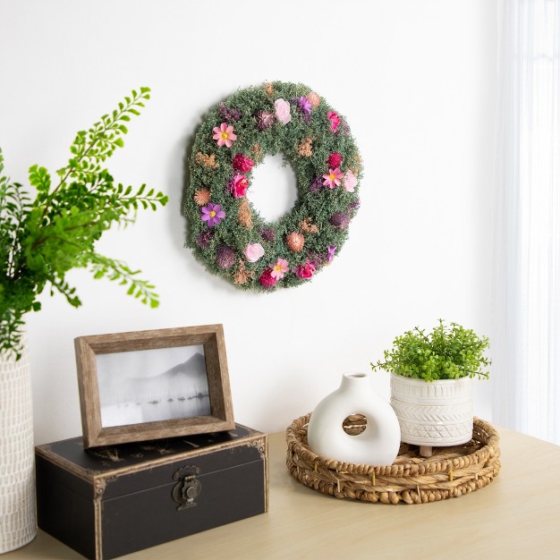 Pink Rose And Purple Thistle Mixed Floral Spring Wreath