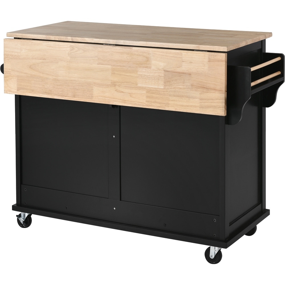 Kitchen Cart with Rubber wood Drop Leaf Countertop  Concealed Sliding Barn Door  Storage Cabinet   2 Drawers for Dinning Room