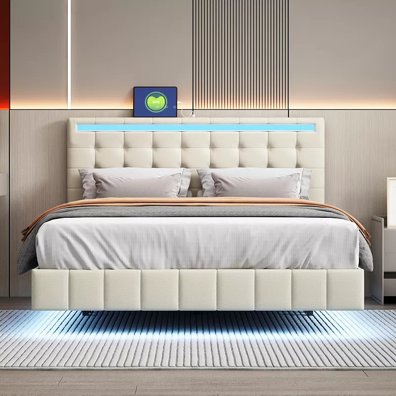 Merax Floating Bed Frame Modern Upholstered Platform LED Bed Frame