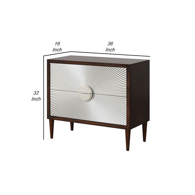 Accent Table with Sunburst Design 2 Drawer Front， Brown and White