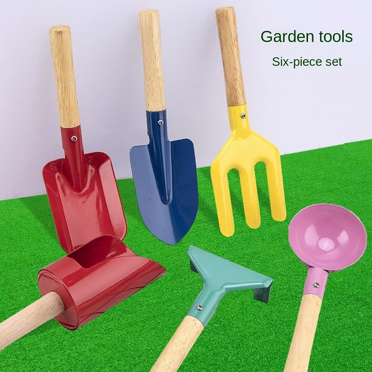 Wholesales  Durable Colorful Carbon Steel Wood Handle 6 Pcs Garden Mini Child Tool Set Kids Hand Garden Tools Kit