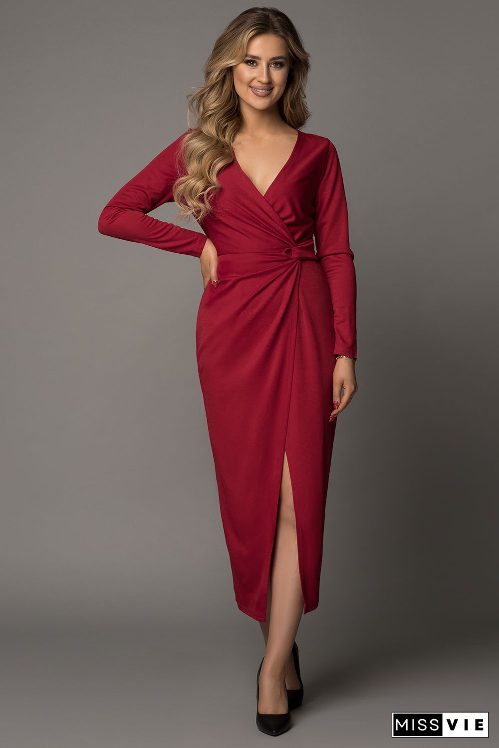 Wine Red Long Sleeve V Neck Twist Front Slit Long Dress