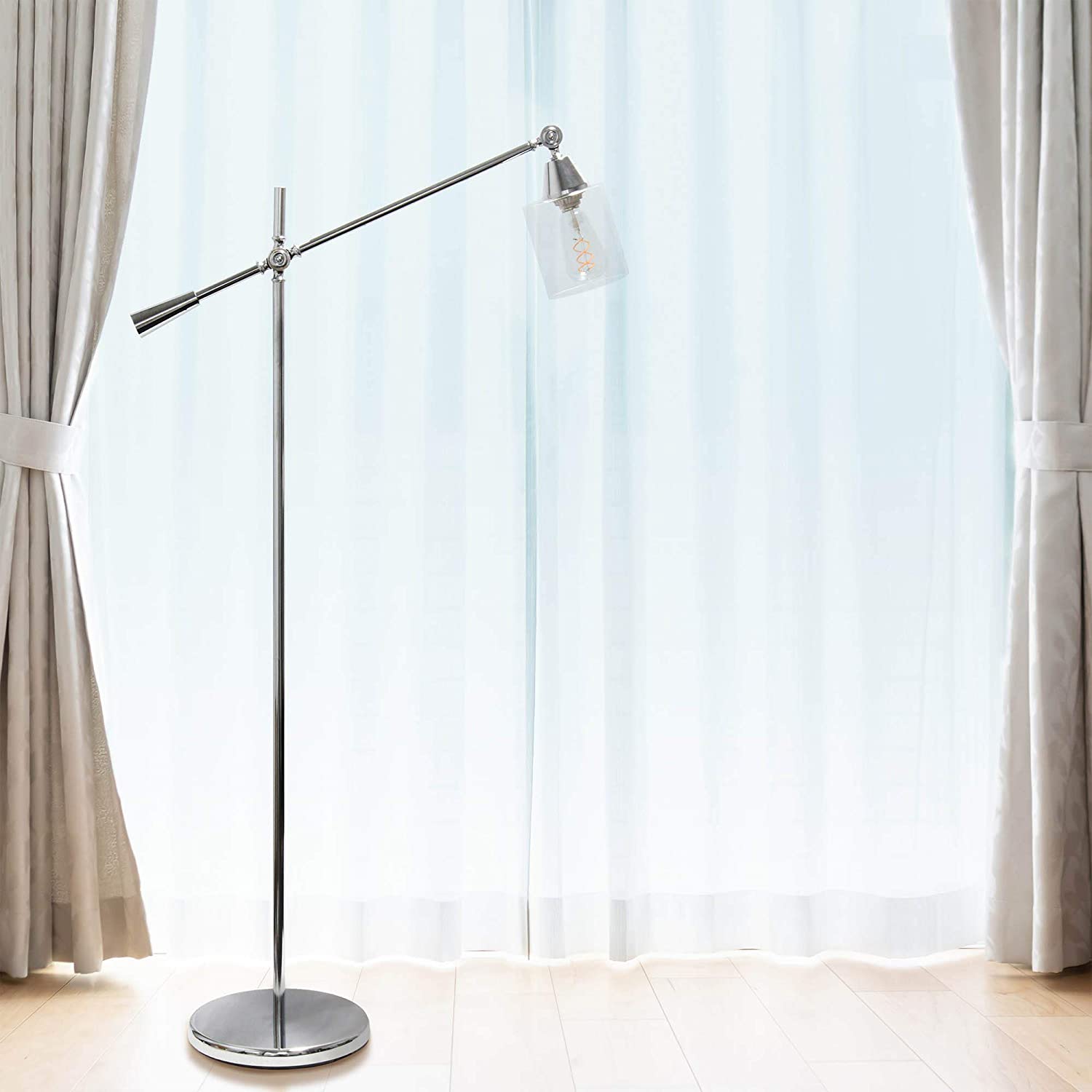 Lalia Home Decorative Swing Arm Floor Lamp with Clear Glass Cylindrical Shade， Chrome