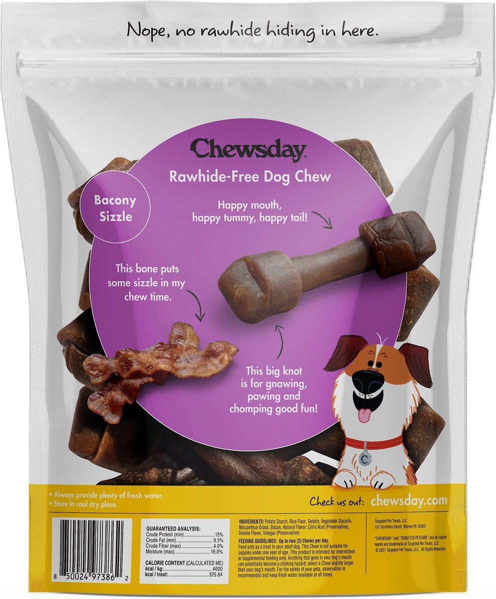 Chewsday Bacony Sizzle Chew Bones Rawhide-Free Dog Hard Chews， 7 count， Original