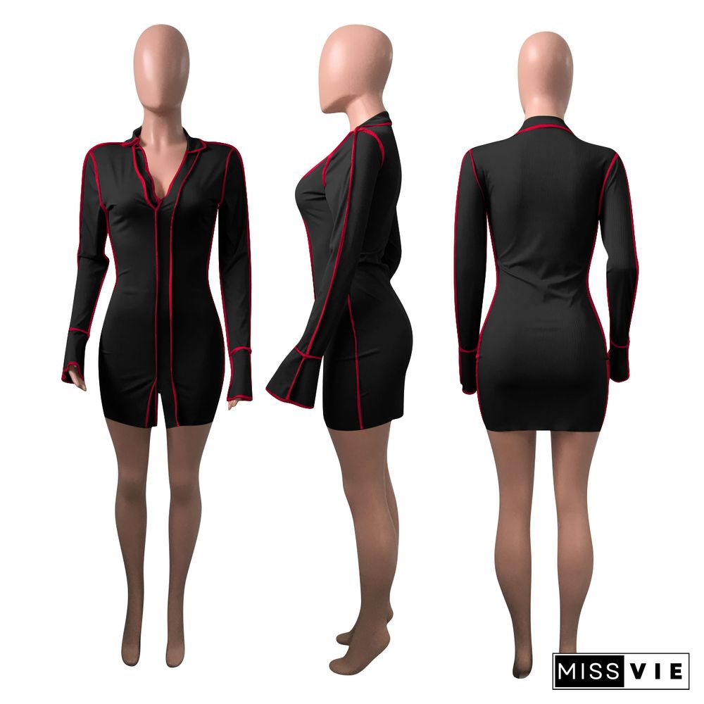 Sexy Contrast Stitch Rib Knit V Neck Long Sleeve Bodycon Dresses