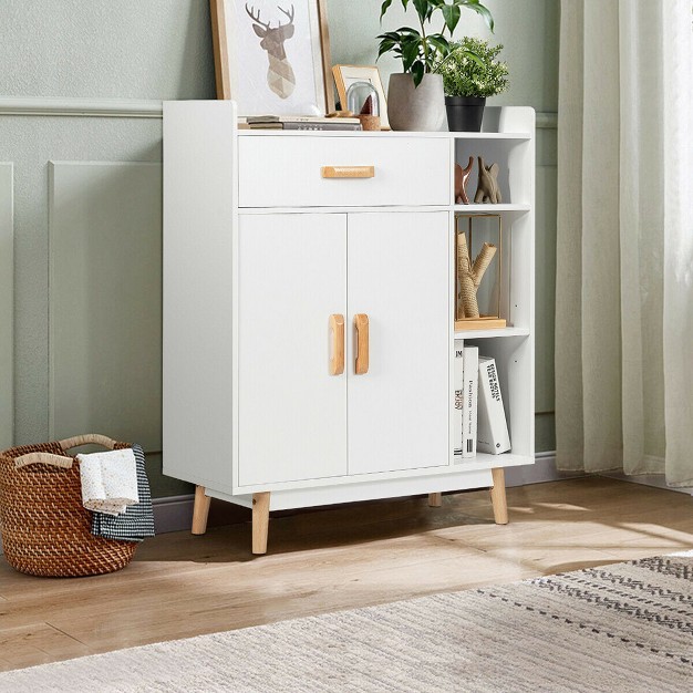 Costway Floor Storage Cabinet Free Standing Cupboard Chest W 1 Drawer 2 Doors 3 Shelves