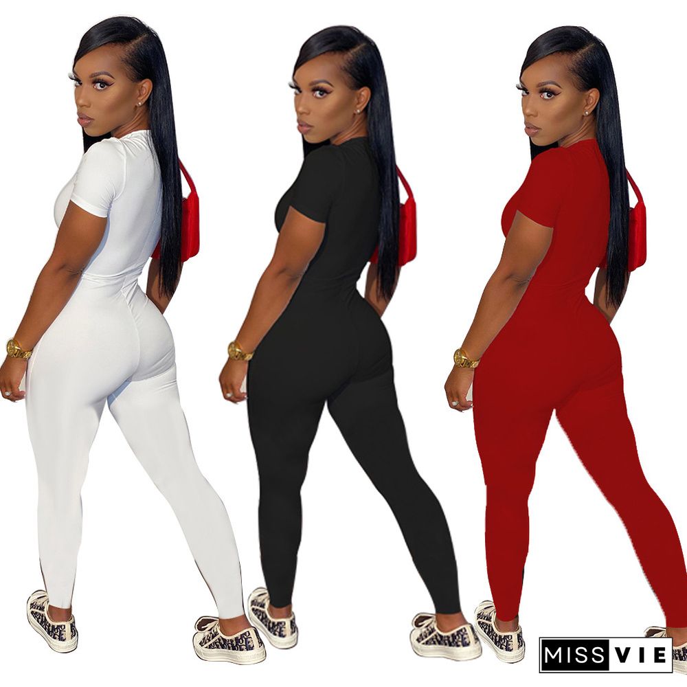 Solid Color Front Zipper Round Neck Short Sleeve Workout Active Wear Bodycon Womens Jumpsuit