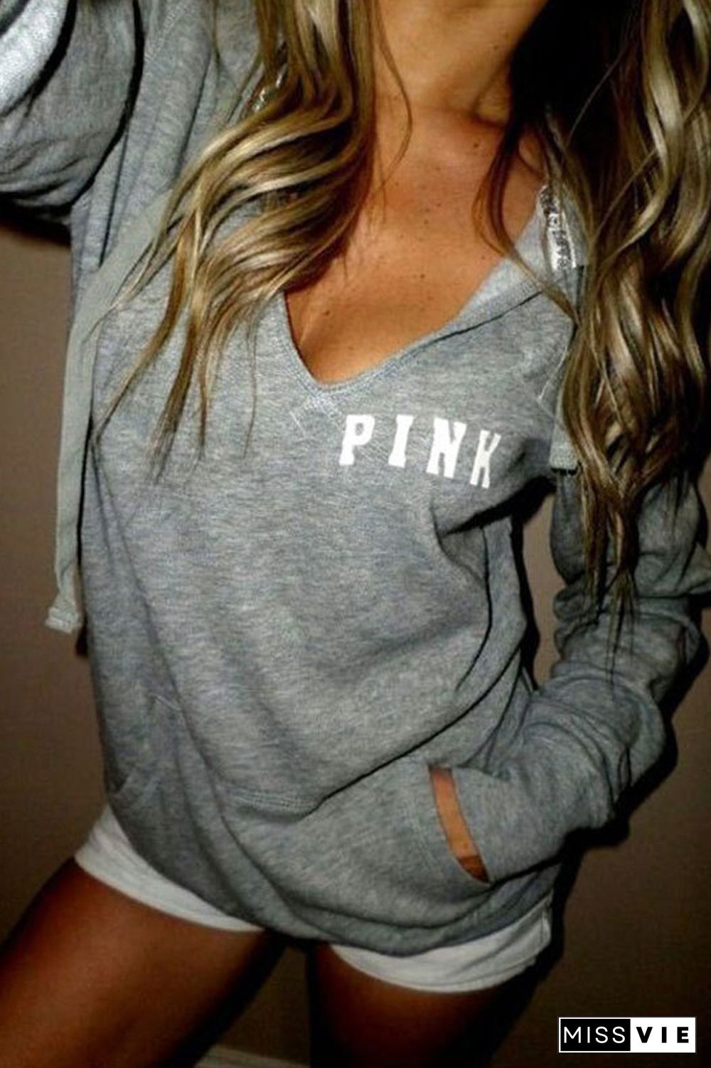 V-Neck Letter Print Hooded Sweatshirt