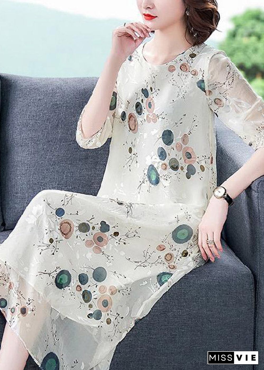 Loose White O-Neck Print Silk Holiday Dress Half Sleeve