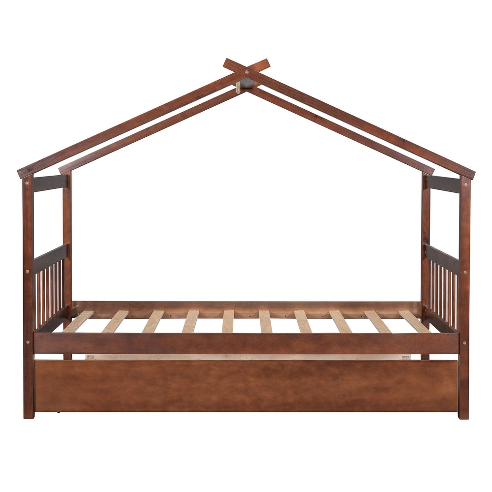 Twin Imaginative House Daybed with Headboard for Kids Girls Boys  Wooden Storage Platform Bedframe w/Trundle   Sky Roof  Walnut