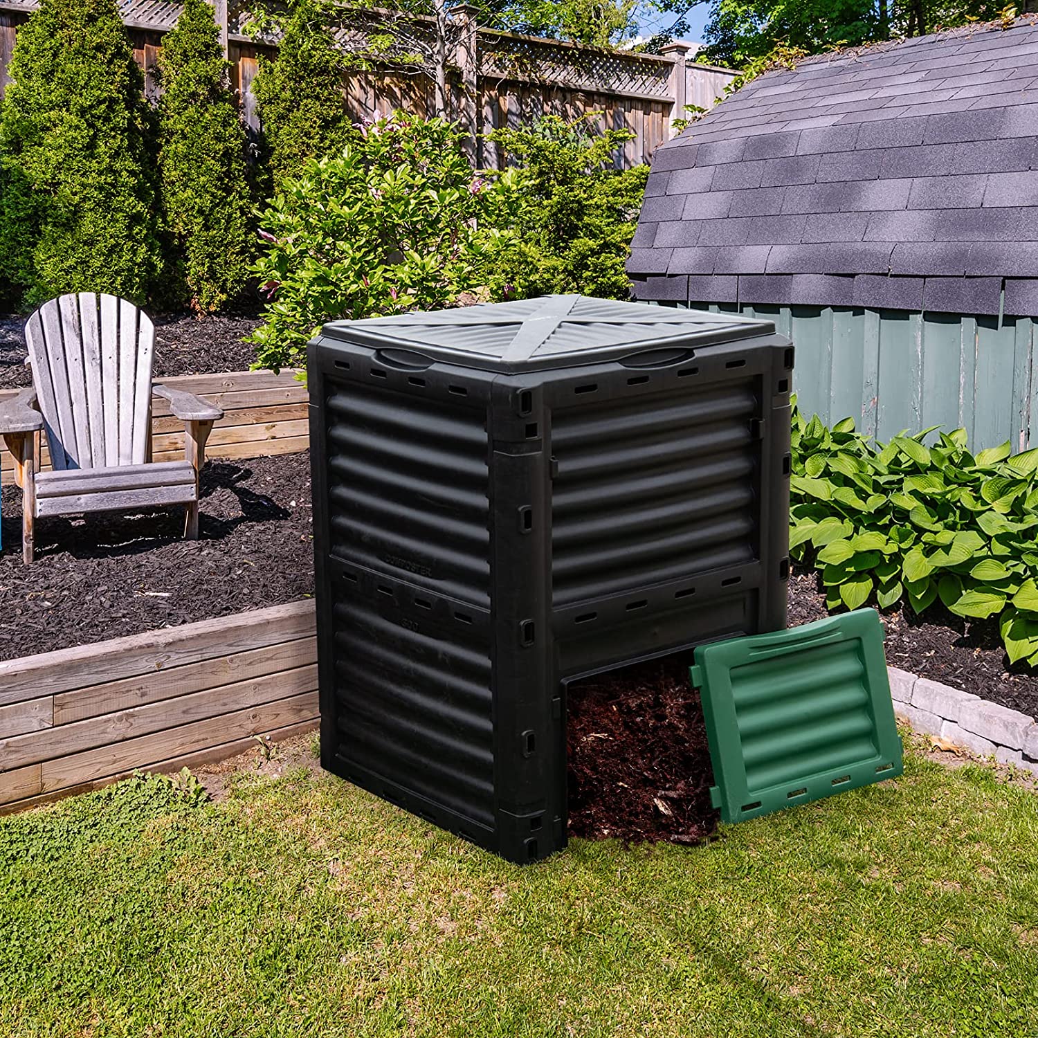 Goplus Compost Bin, 80 Gallon (300 L) Large Outdoor Composting Box w/Top Flip Latch-on Lid, Bottom Exit Door, BPA Free Material, Grass Food Trash Composter Barrel for Garden Yard, Easy Assembly