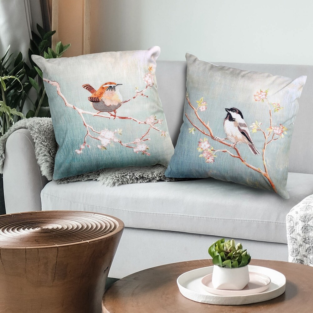 Embroidered Bird On Blossom Pillow 16x16\