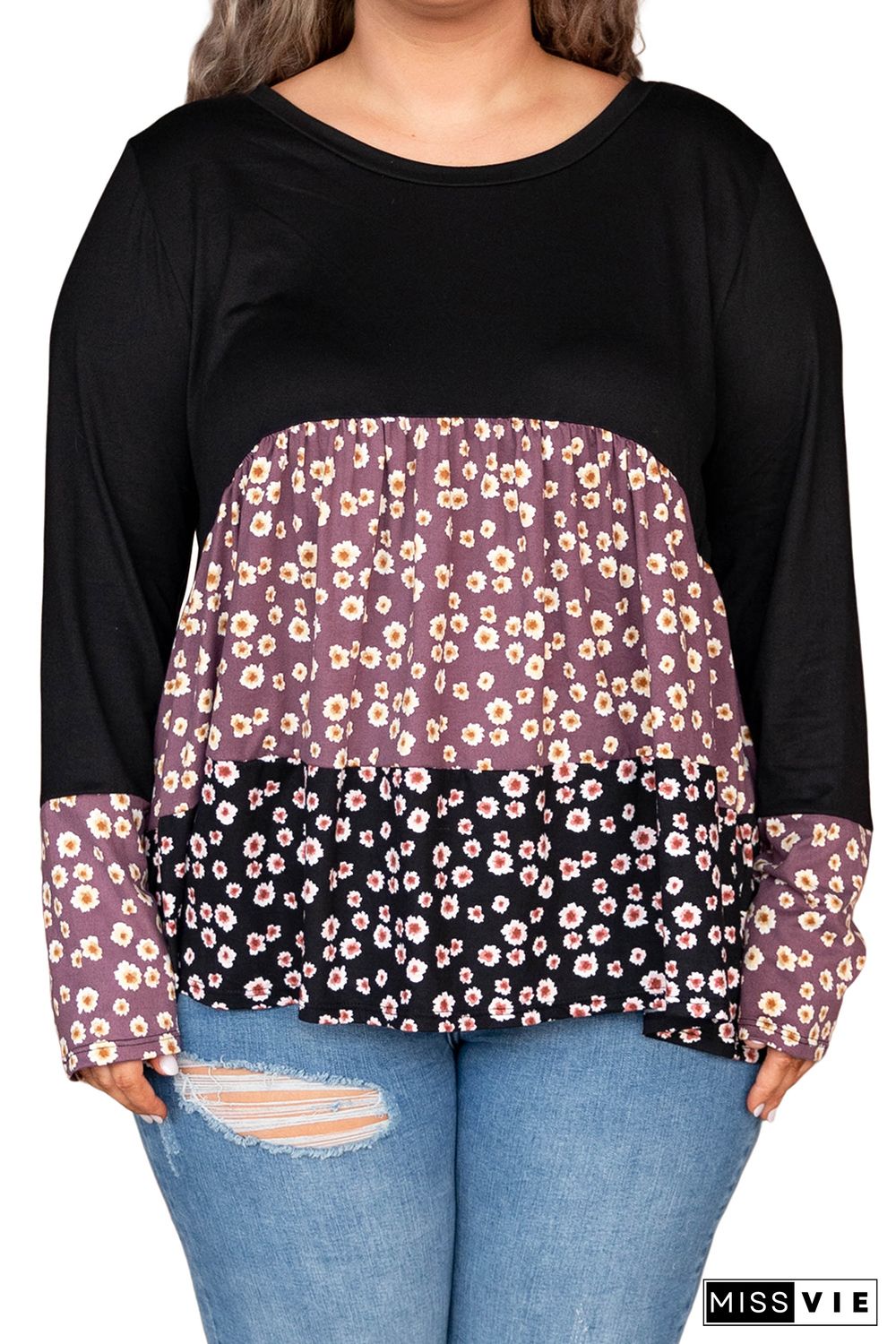 Black Floral Pattern Color Block Plus Size Pullover Top