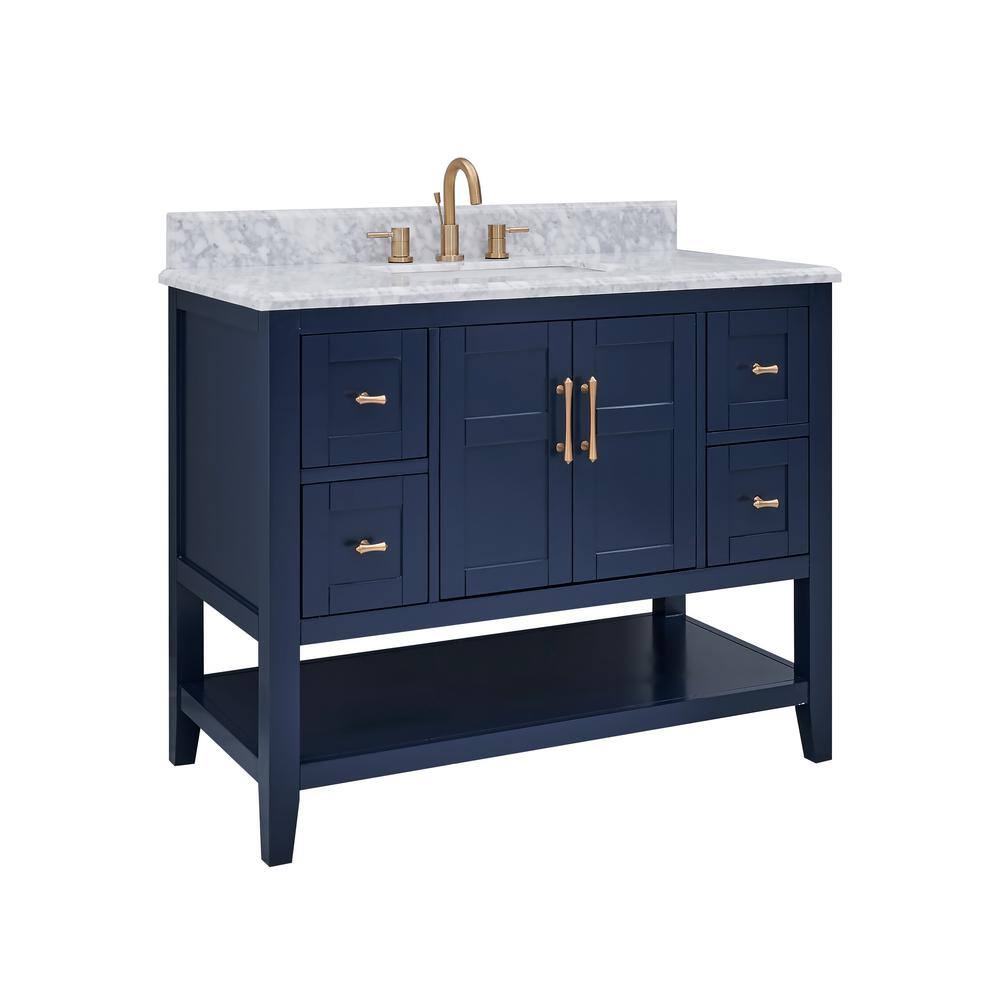 Home Decorators Collection Sturgess 43 in. W x 22 in. D x 35 in. H Open Shelf Vanity in Navy Blue with White Marble Vanity Top 19111S-VS43C-NB