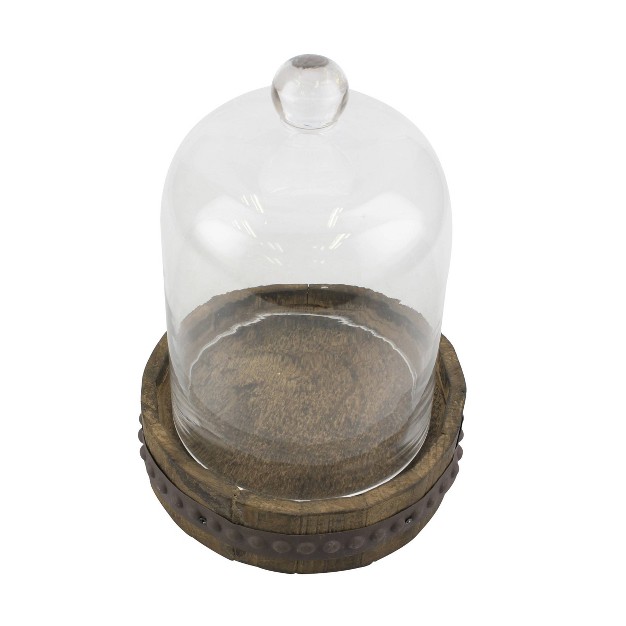 Glass Bell Cloche With Rustic Wood And Metal Base Brown Stonebriar Collection