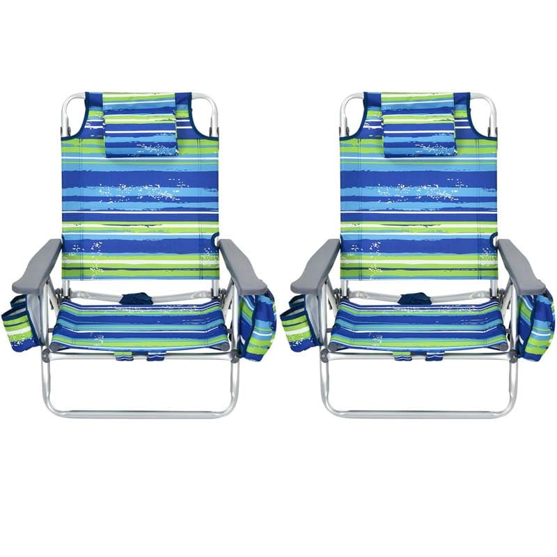 2-Pack Folding Beach Chair, Backpack Lawn Chairs, Sling Camping Chair, Patio Reclining Chairs with 5 Adjustable Position, Head Pillow