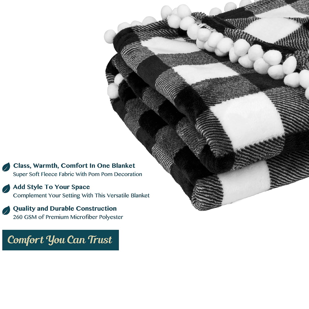 PAVILIA Fleece Throw Blanket with Pom Pom Fringe | Buffalo Plaid Checkered White， Black Flannel Throw | Super Soft Lightweight Microfiber Polyester | Plush， Fuzzy， Cozy | 50 x 60 Inches