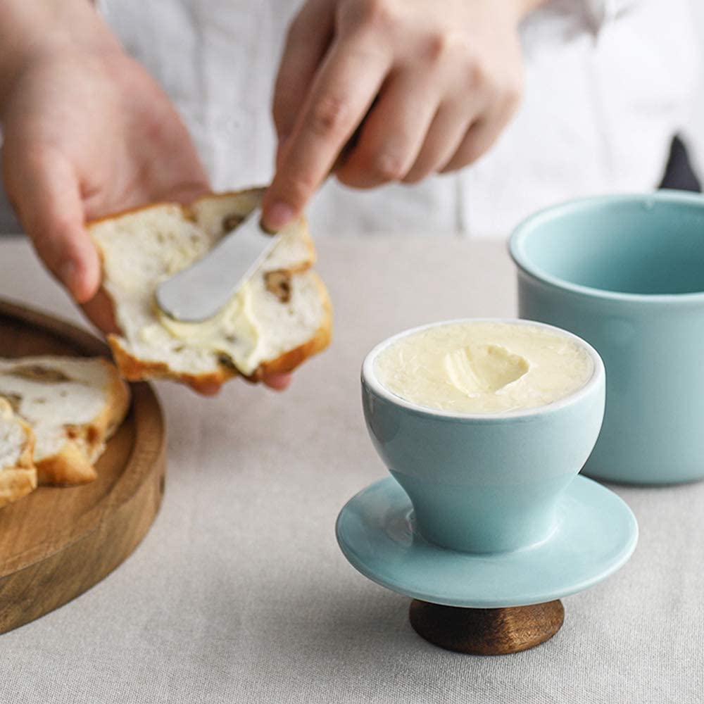 DOWAN Porcelain Butter Keeper Crock， French Butter Crock with Wood Knob Lid， Butter Dish for Soft Butter， Blue