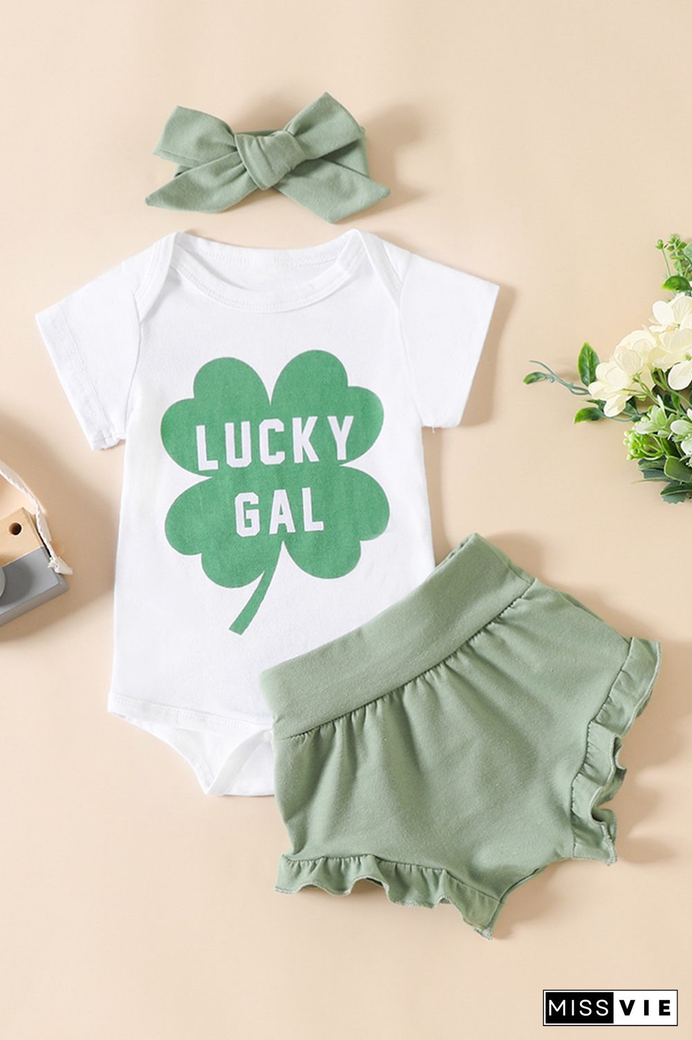 St. Patrick's Day Shamrock Romper Shorts and Hairband 3PCS Set