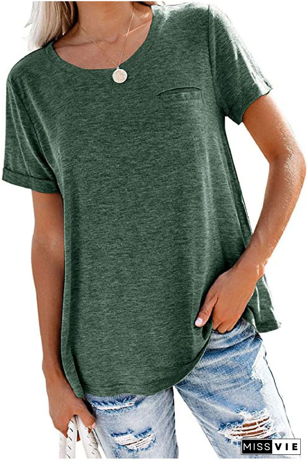 Green Round Neck Pocket T-shirts