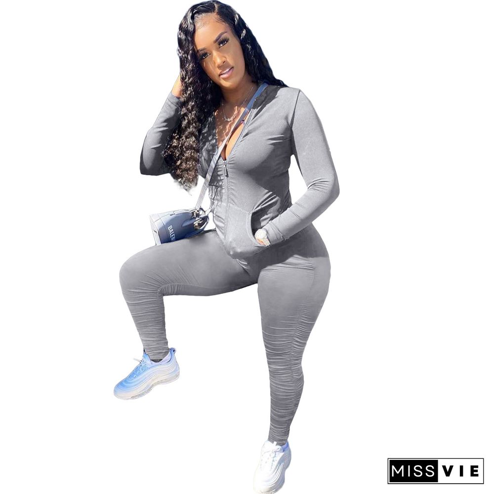 Casual Women Active Wear Solid Color Long Sleeve Zipper Jacket Pleated Skinny Pants Sports 2 Piece Set