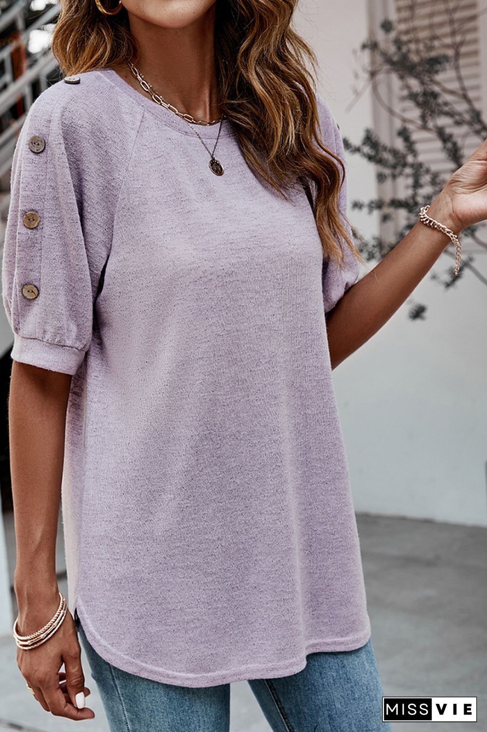 Solid Color Button Short Sleeve T-Shirt