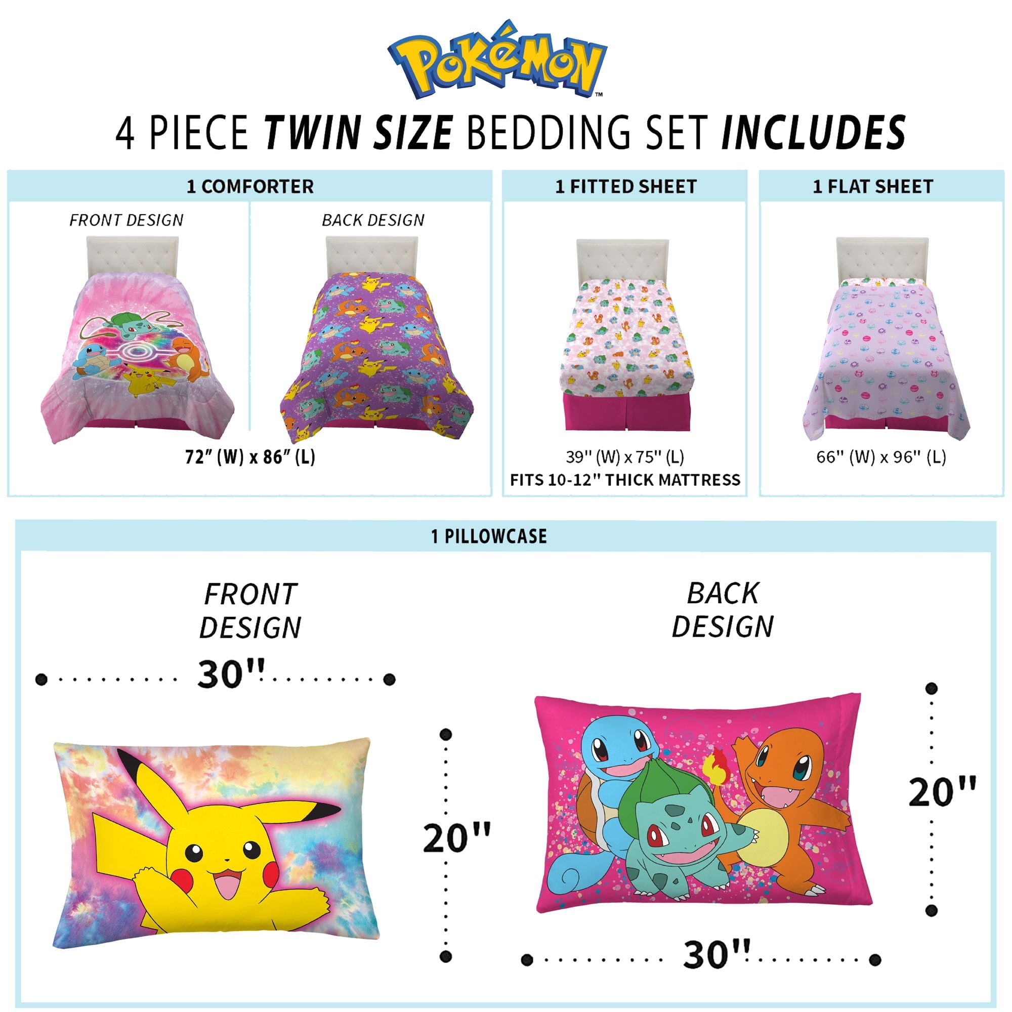 Pokémon Kids Twin Bed in a Bag, Tie-Dye, Gaming Bedding, Comforter and Sheets, Purple