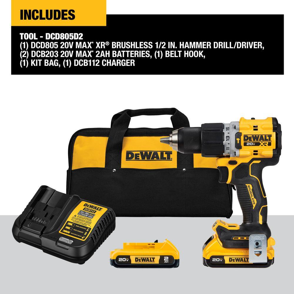 DW 20V Lithium-Ion Cordless Brushless Compact 12 in. Hammer Drill Kit with (2) 2.0Ah Batteries and Charger DCD805D2