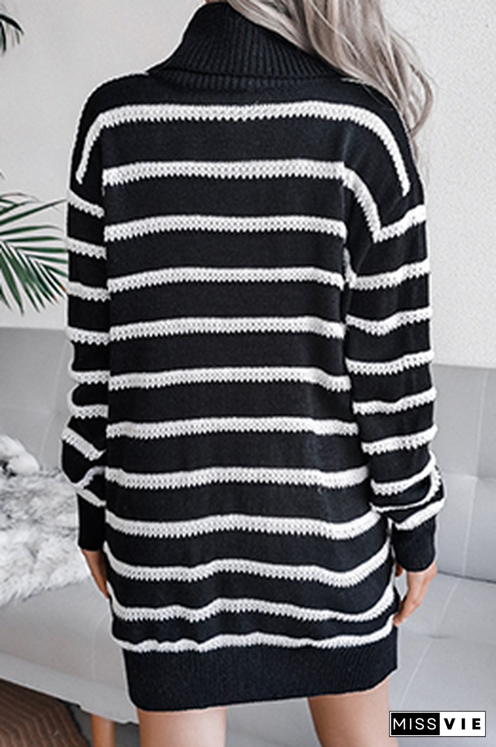 Casual Striped Split Joint  Contrast Turtleneck Dresses  (Without Belt)