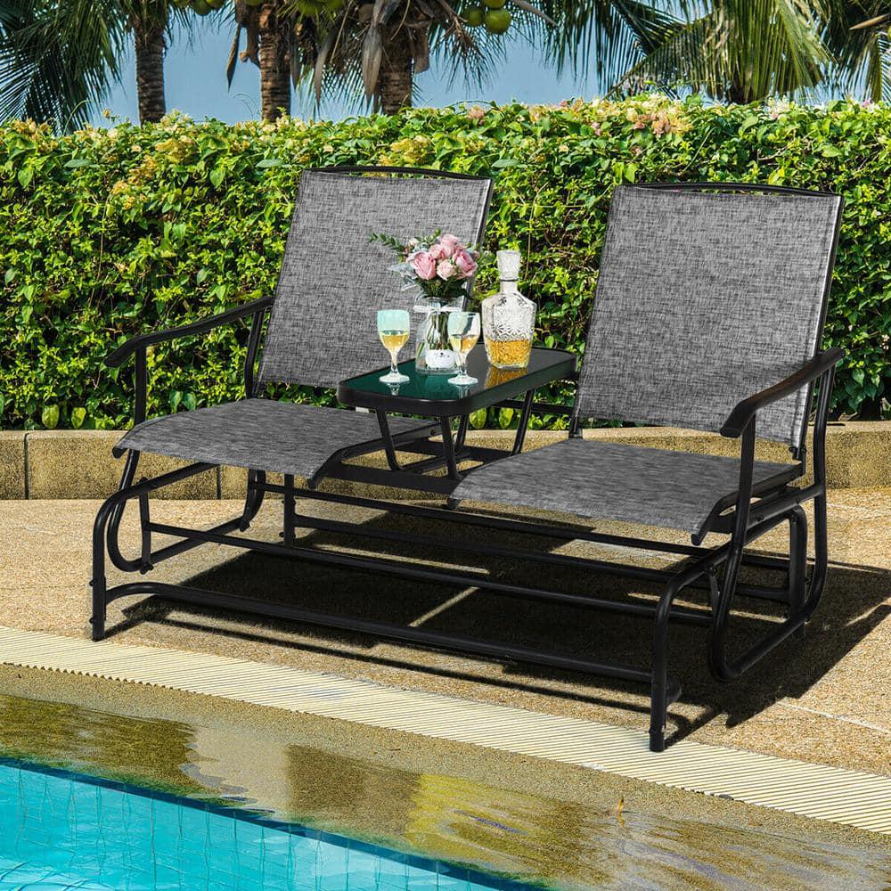 CASAINC Gray 2Person Metal Double Rocking Outdoor Patio Loveseat