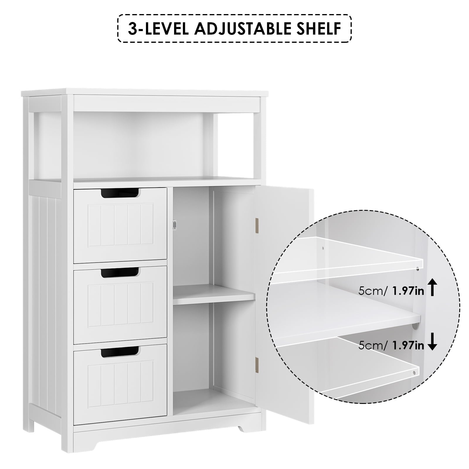 Homfa Bathroom Floor Cabinet with 3 Drawer and 1 Cupboard, Wooden Free Standing Storage Cabinet Corner Organizer Unit Dresser, White