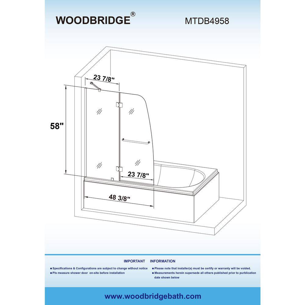 WOODBRIDGE Everette 48 in. W x 58 in. H Semi-Frameless Hinged Tub glass door inMatte Black Finish Include Support Bar HSD3610