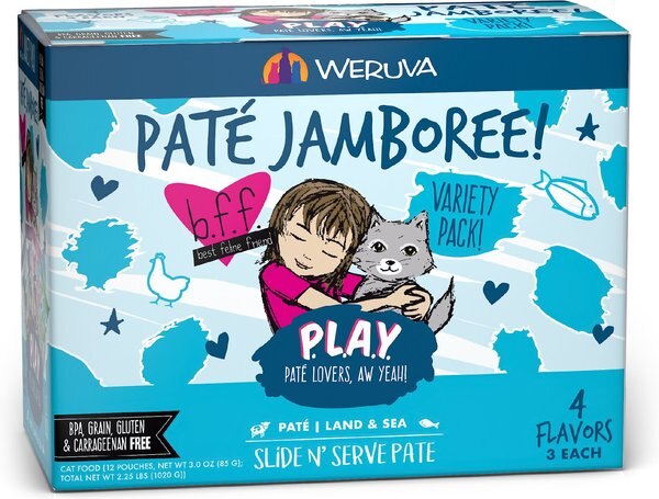 Weruva Best Feline Friend Paté Lovers， Aw Yeah! Paté Jamboree! Variety Pack Grain-Free Wet Cat Food， 2.8-oz pouch， case of 12