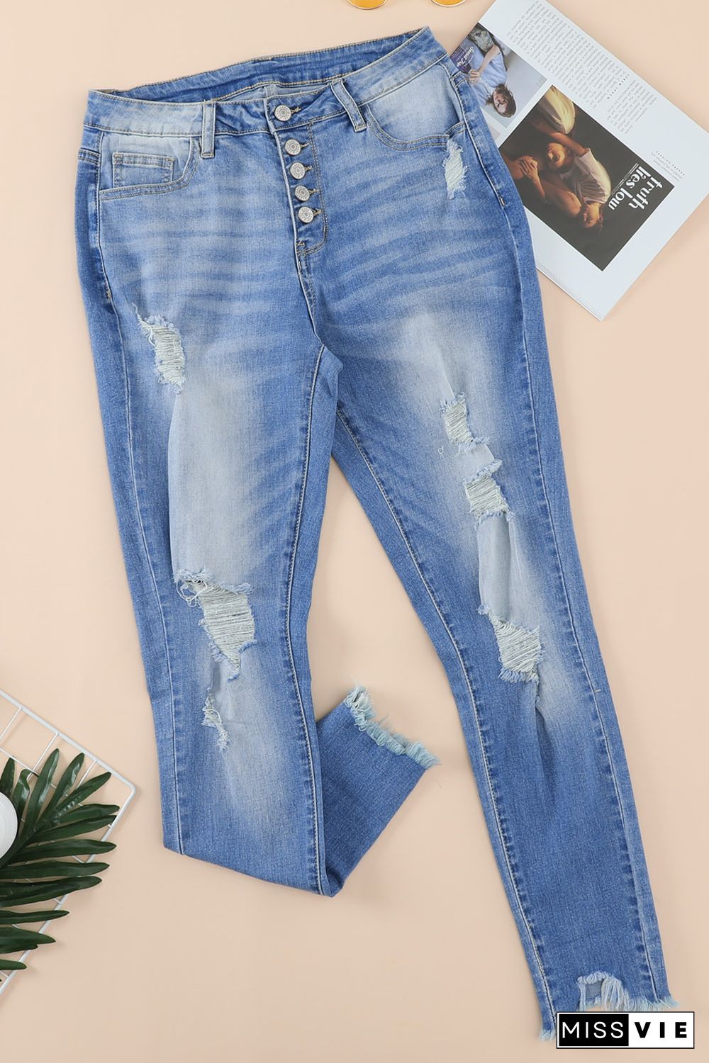 Sky Blue High Rise Button Front Frayed Ankle Skinny Jeans