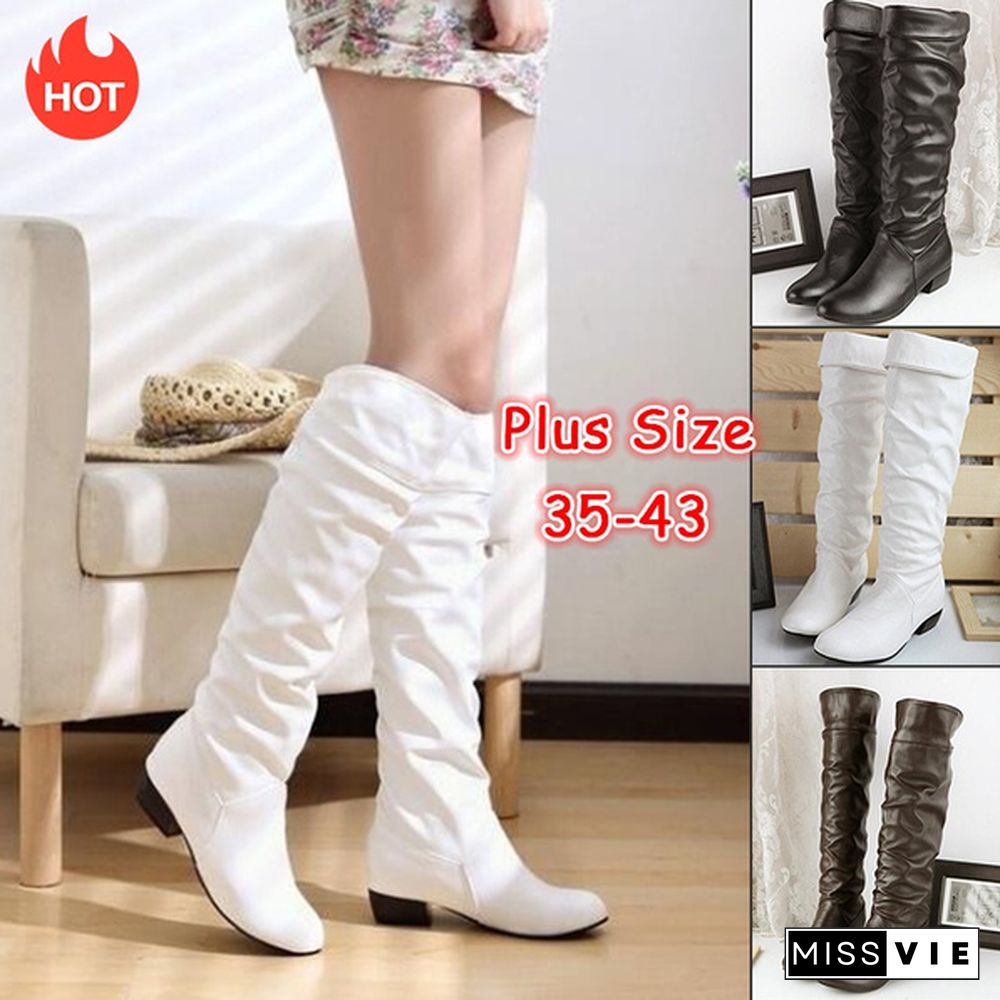 Women's Fashion Winter Long Boots Knee High Boots Low Heel Leather Boots Plus Size 35-43(Please Buy Bigger Size Than Usual)