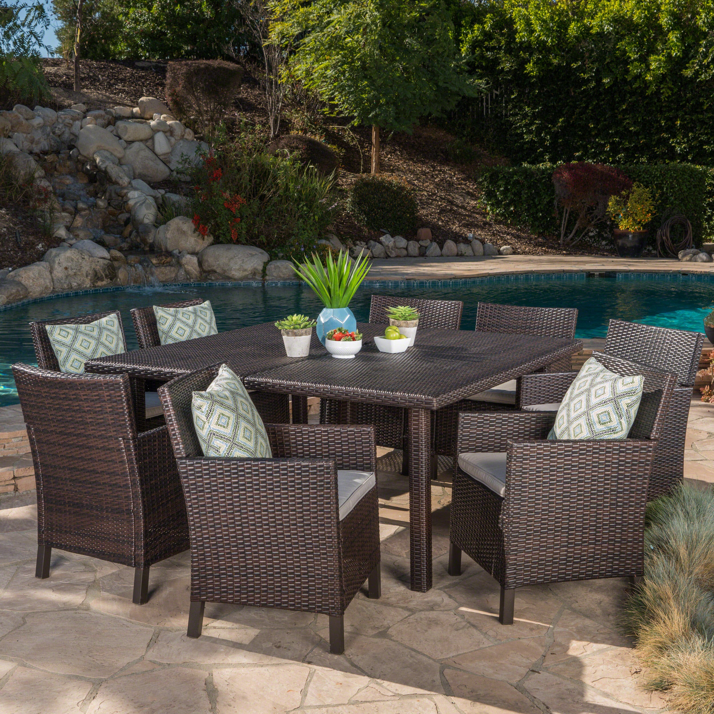 Winford Outdoor 9 Piece Wicker Dining Set with Water Resistant Cushions