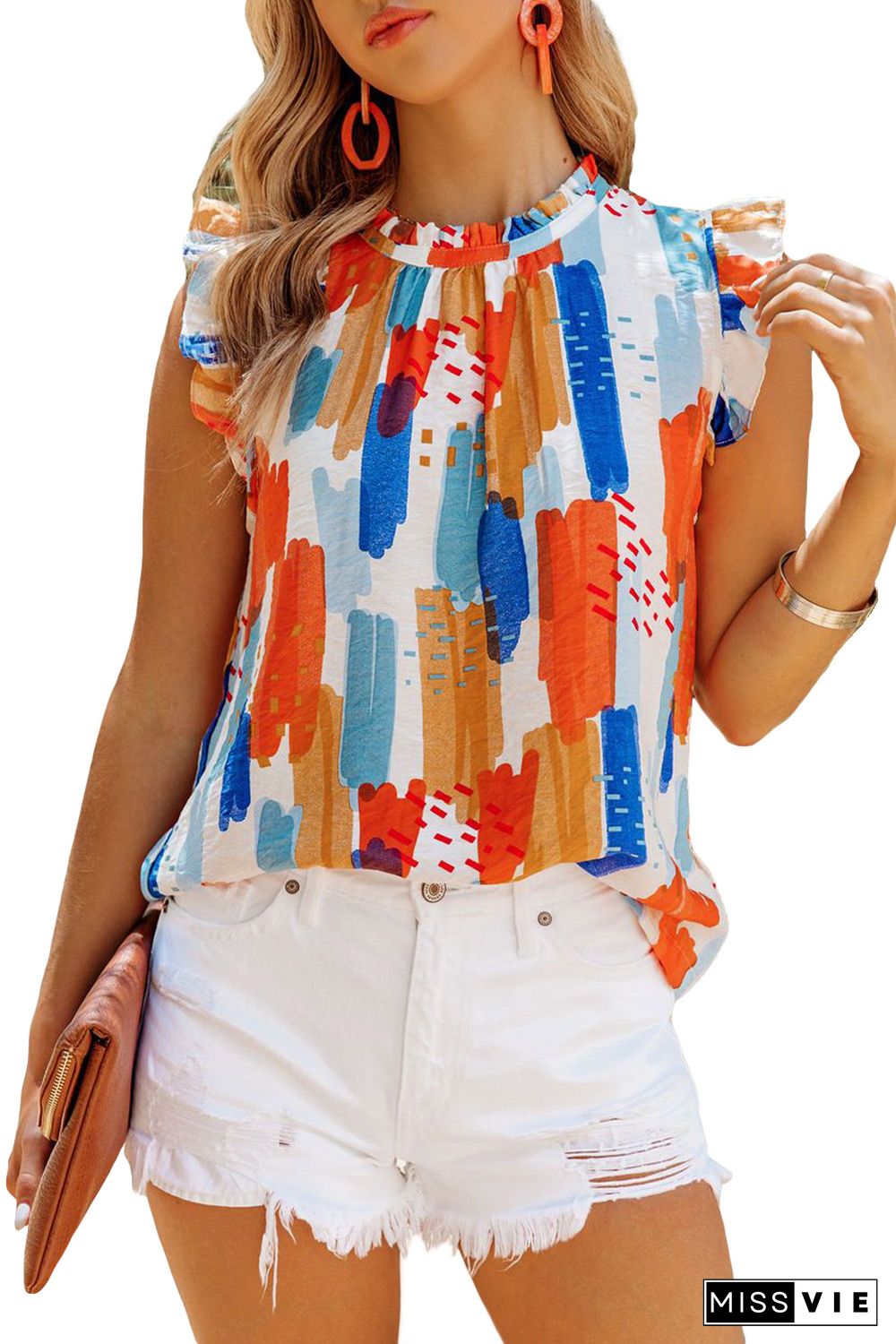 Multicolor Printed Ruffle Flutter Sleeve Tank Top