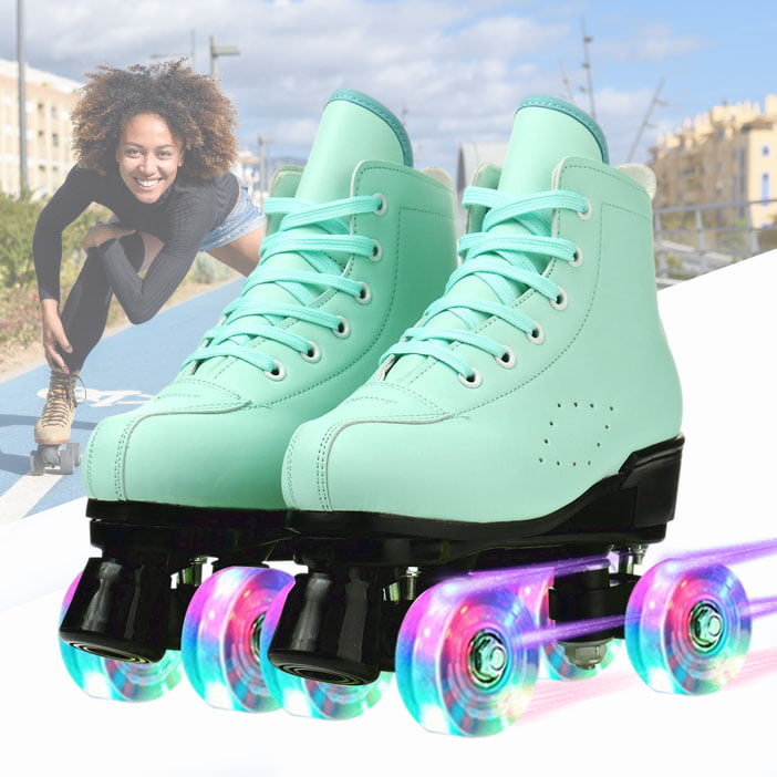 Roller Skates for Adult Classic High-top Roller Skates Lace-up Adjustable Shiny  Quad Skates for Beginners Indoor and Outdoor， Green， 7