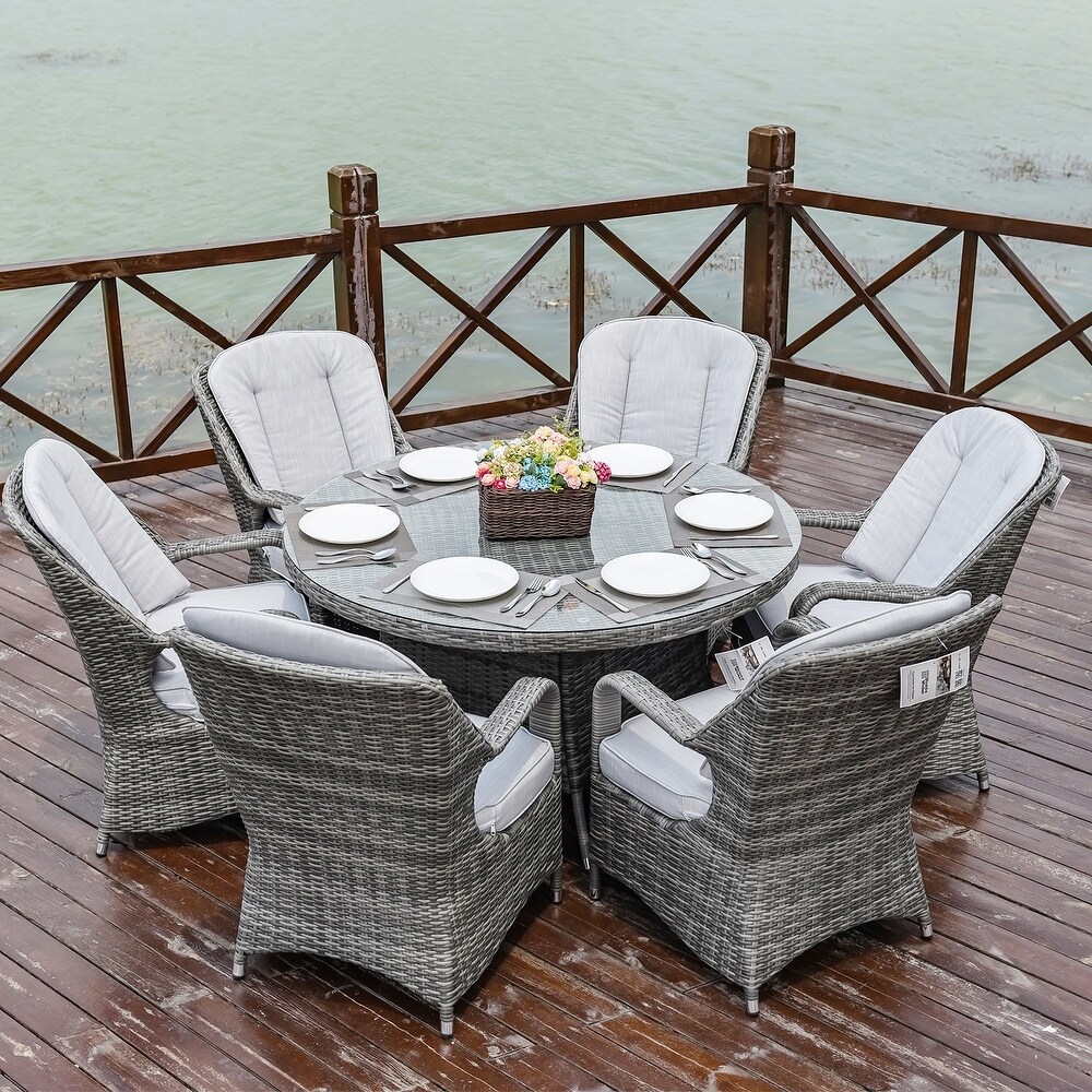 Abrihome 7 piece Outdoor Wicker Dining Table Set with 6 Eton Chairs