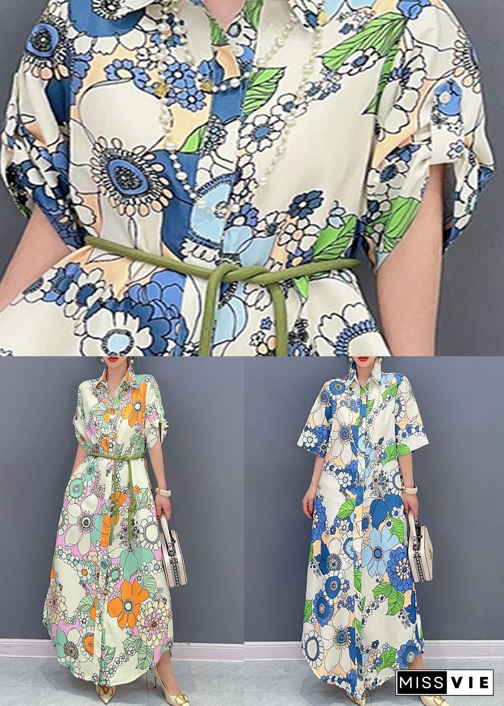 Art Blue Peter Pan Collar Print Cotton Maxi Shirts Dresses Summer