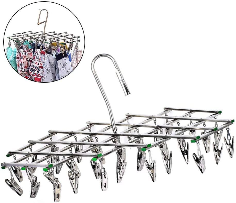 Stainless Steel Hanging Drying Rack-with 35 Clips Space Saer Drying Pegs Hook Drip Sock Dryer Hanger for Laundry Clothes Underwear Socks Gloes