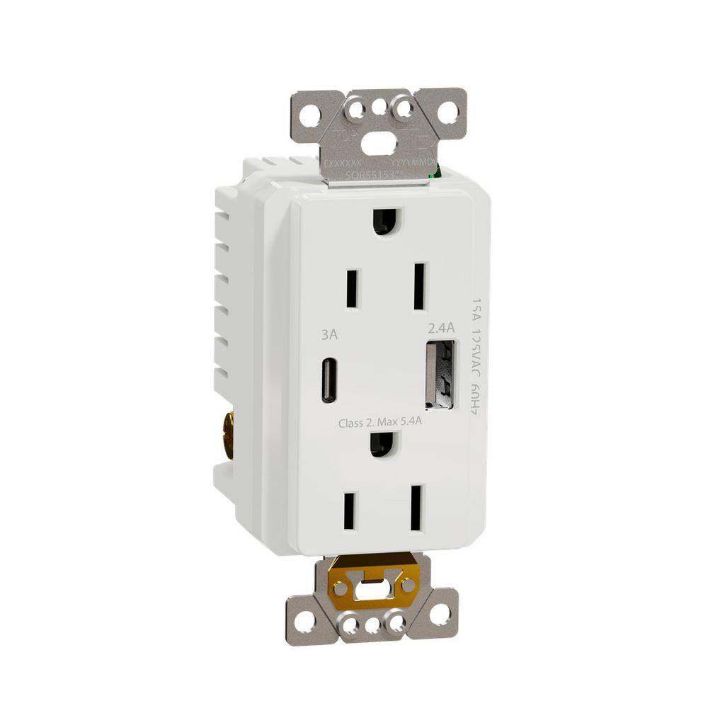 Square D X Series 15 Amp 125-Volt Tamper Resistant Indoor USB AC 5.4 Amp Duplex Decorator Outlet Back Wire Clamps Matte White SQR55153WH