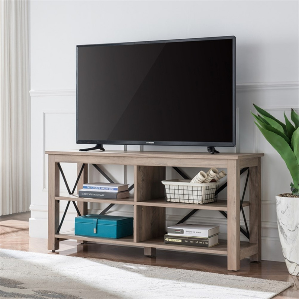 Pemberly Row 50 quotWood with Metal Open Back TV Stand in Gray Oak   Industrial   Entertainment Centers And Tv Stands   by Homesquare  Houzz