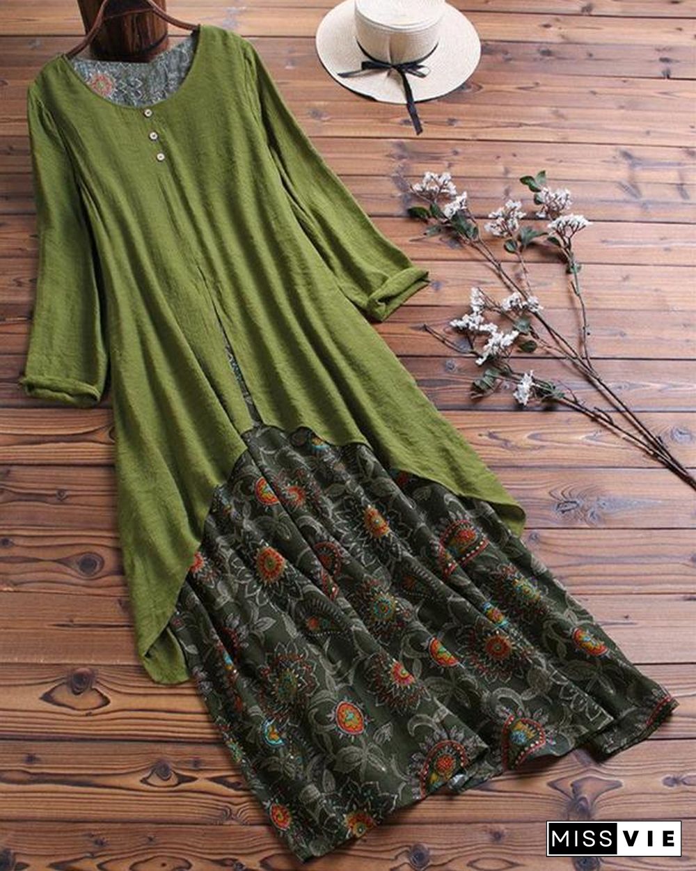 Vintage Printed Long Sleeve Crew Neck Patchwork Maxi Dresses